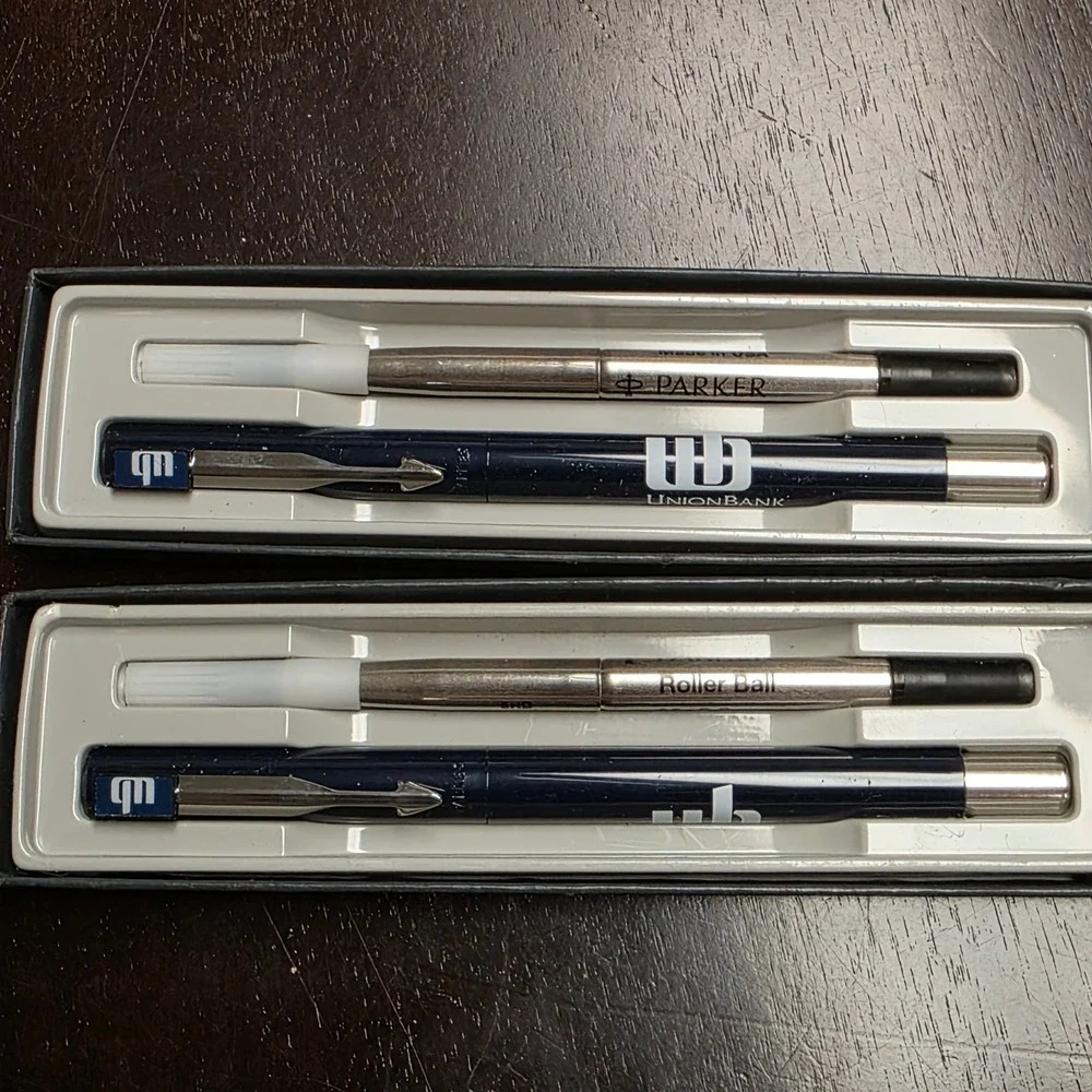 Parker Rollerball Pens, Set of 2, Vector Union Bank, Blue Silver, Black ink, USA